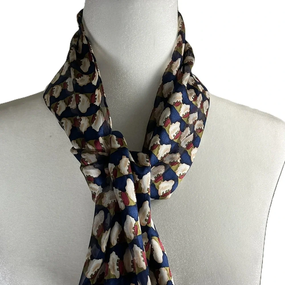 Vintage Style 100% Silk Abstract‎ Geometric Print Scarf Navy Blue Cream 64x13